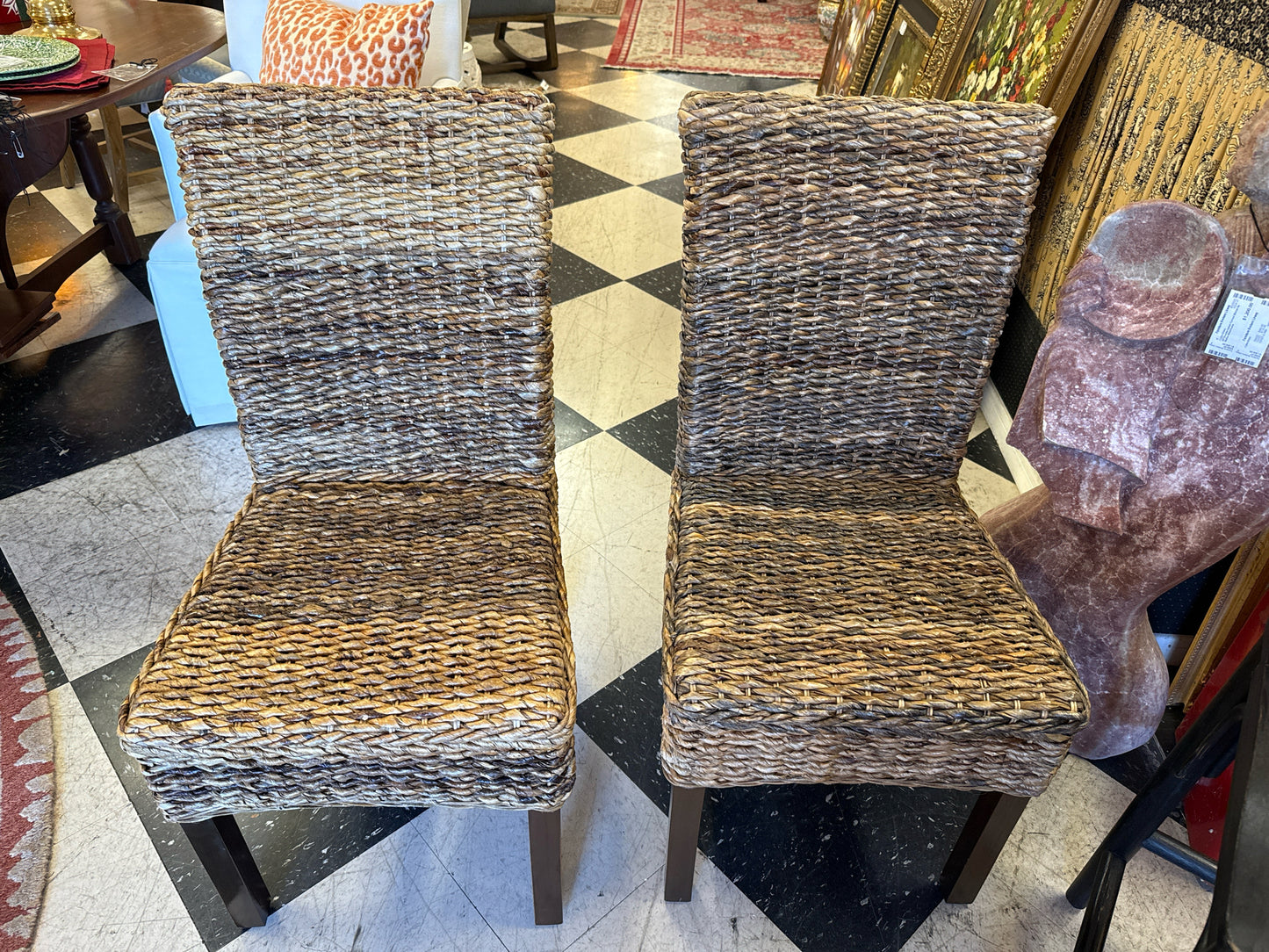 PAIR Woven Seagrass Dining Chairs w/High Backs