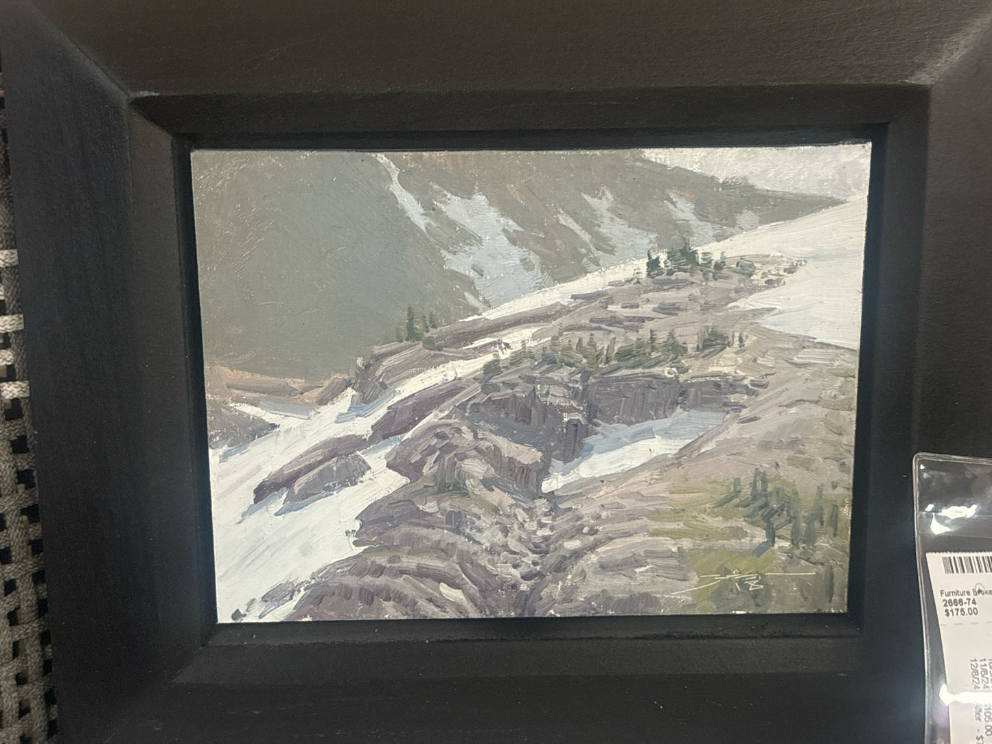 Gray Mountain Scene w/ Snow-Oil on Panel in Black Frame (10x12)