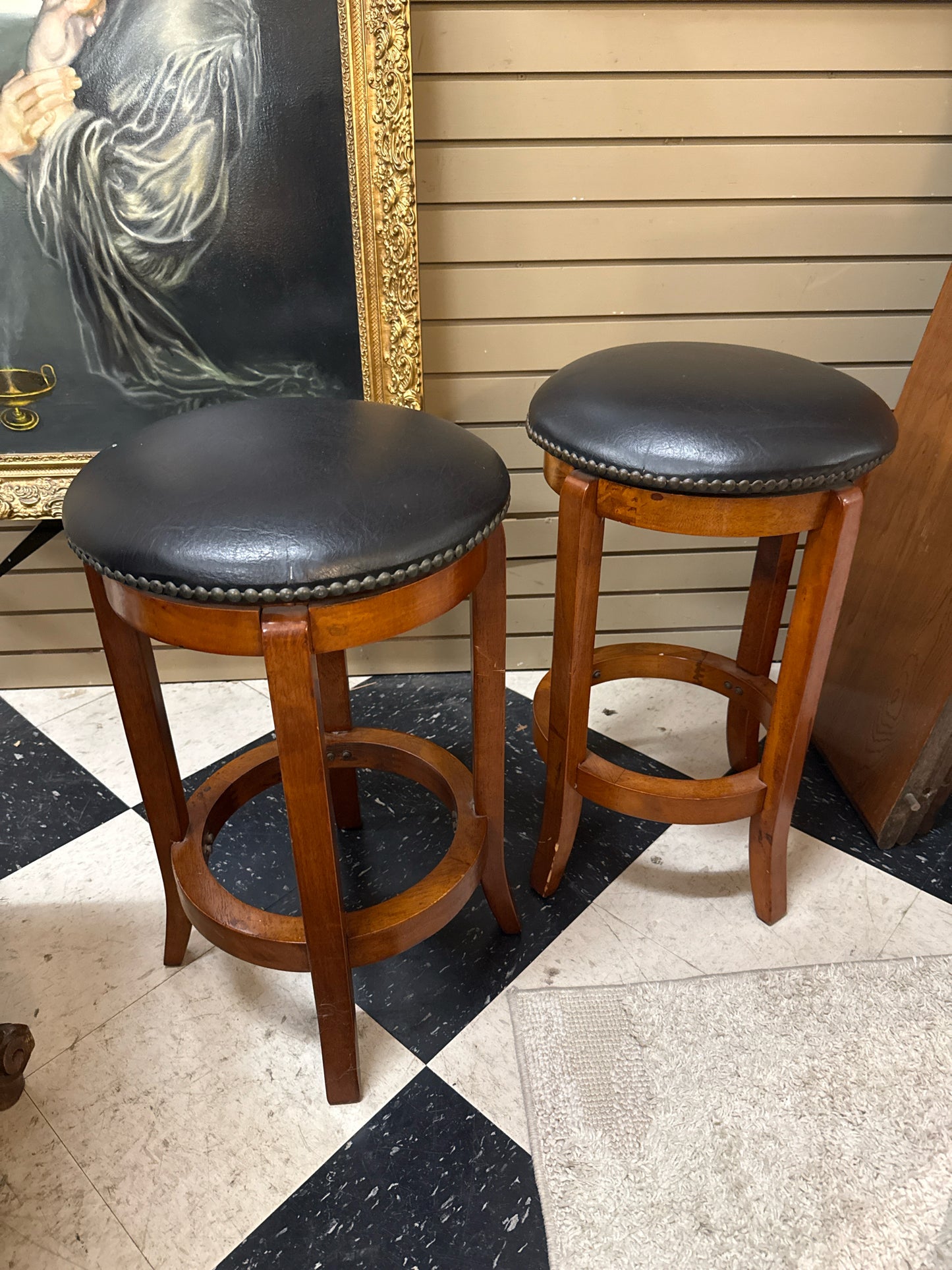 PAIR of Black Leather Round Swivel Counter Stools w/Nail Heads