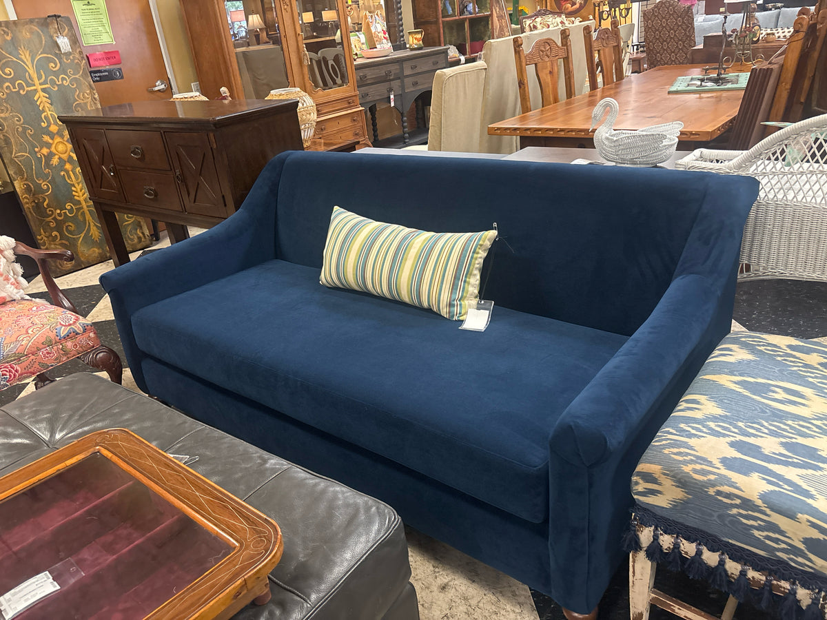 Pottery Barn 72" One Cushion Blue Velvet Bench Style Sofa