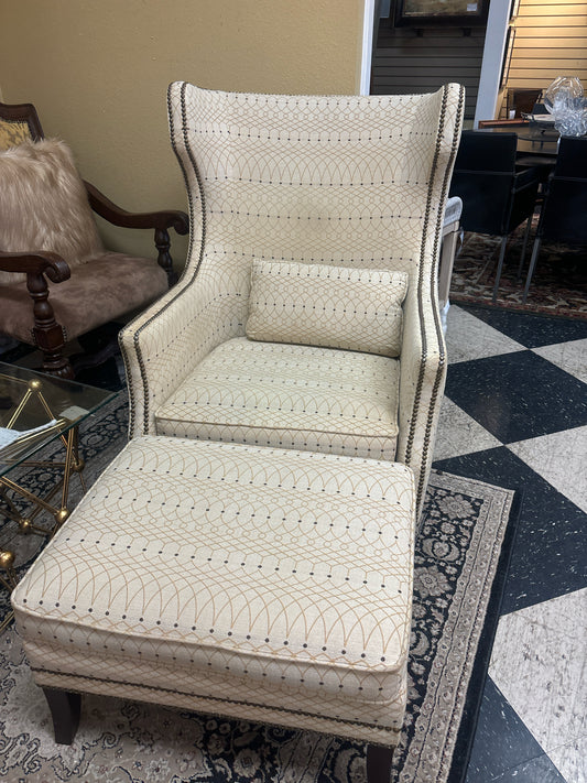 Bernhardt Wingback Chair w/Nailheads & Ottoman (Ivory/Gold/Brown)