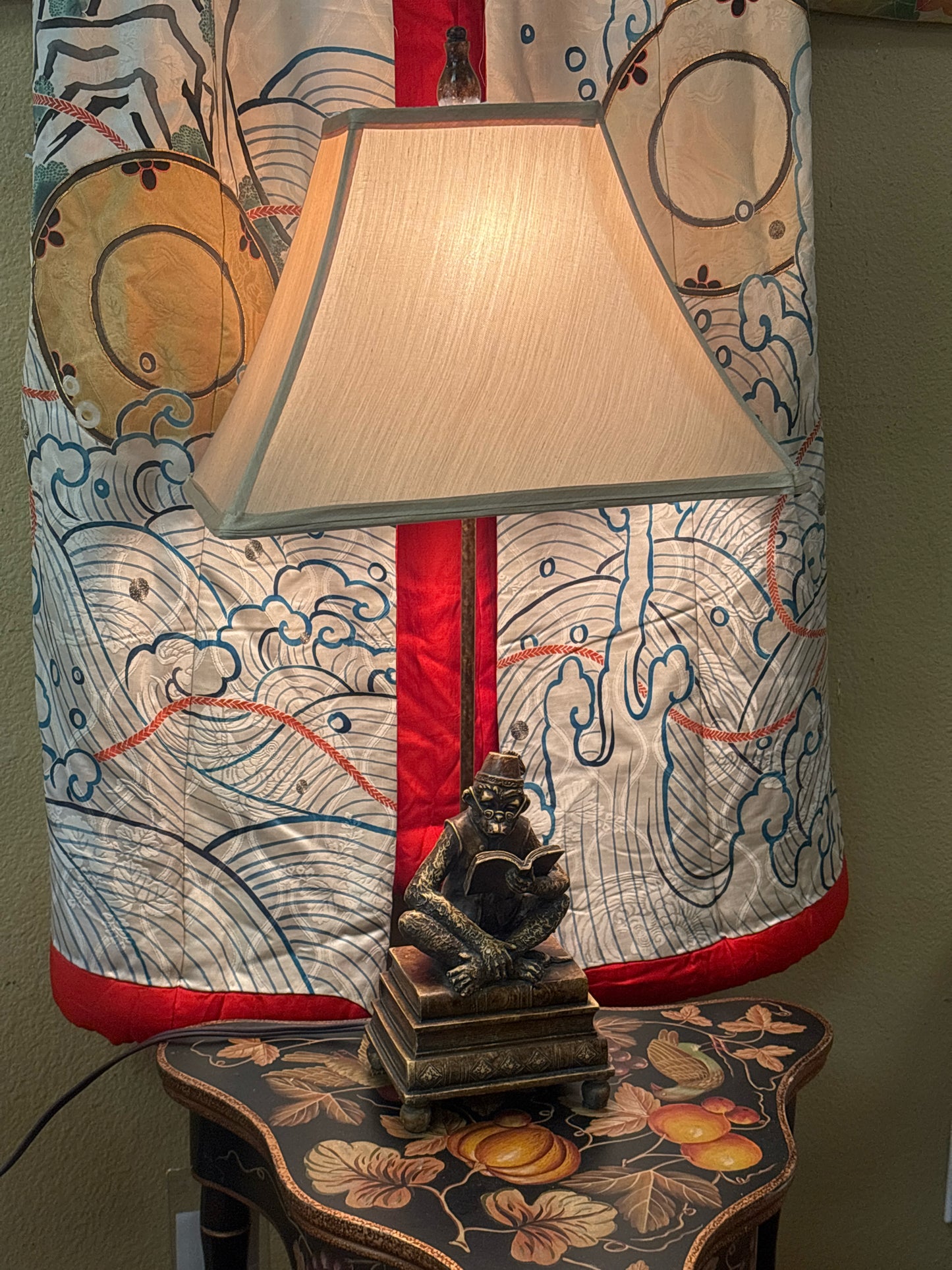 Monkey on Books Resin Table Lamp w/ Silk Shade