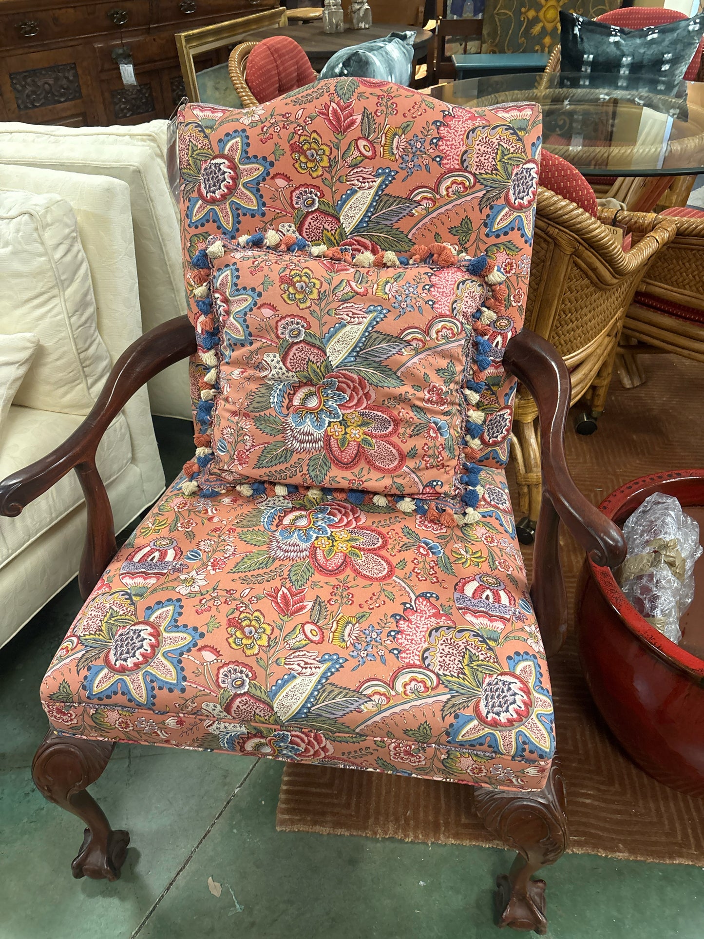 Chippendale Armchair Melon w/ Floral Tapestry