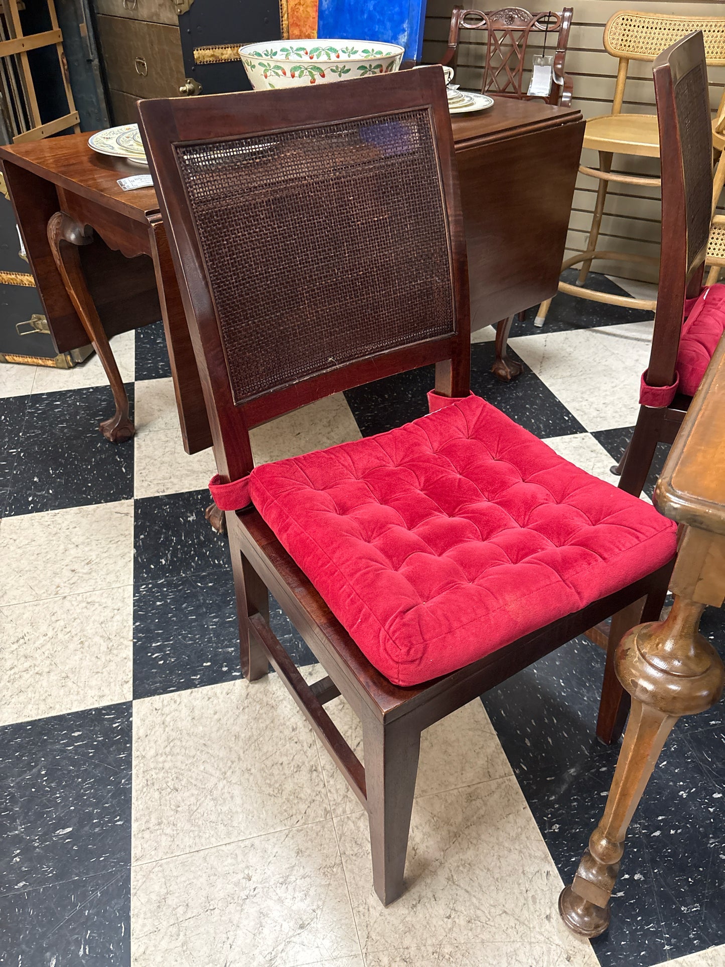 SET of 4 Wood Dining Chairs w/ Cane Backs and Removable Red Cushions