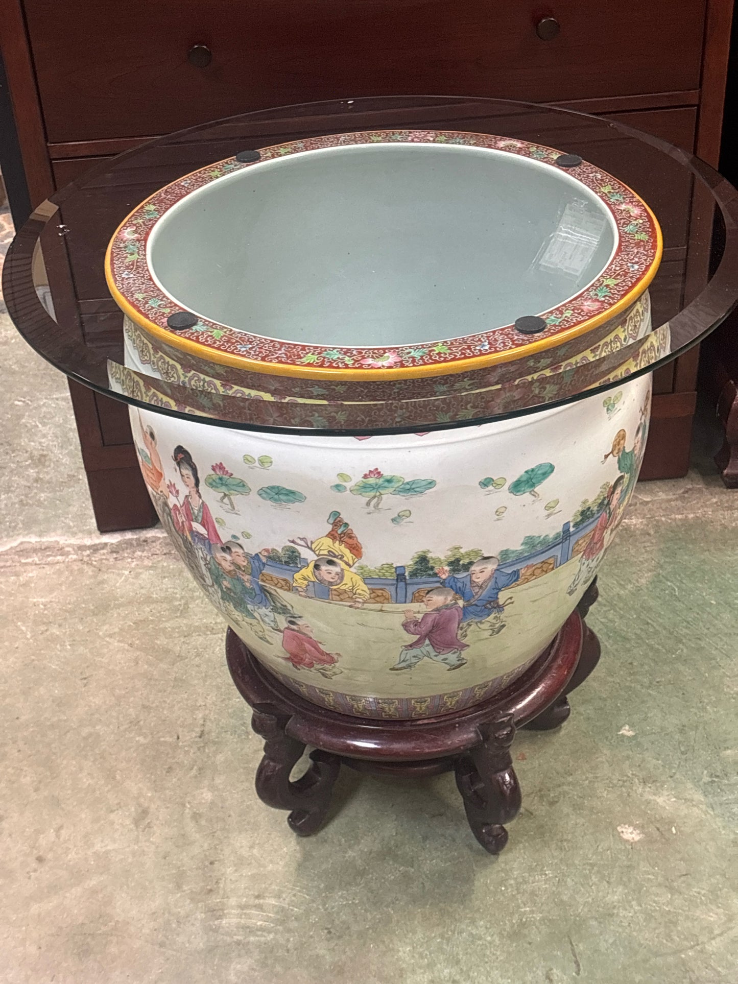 Lg Asian Porcelain Fish Bowl Jardiniere on Wood Stand w/ Glass Top