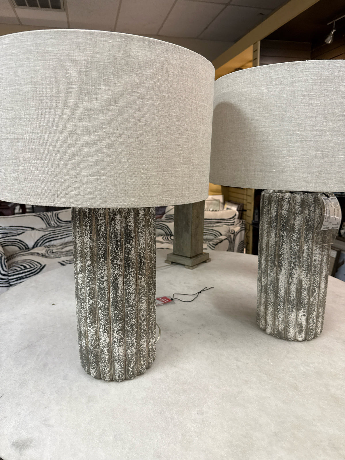 Pair Currey & Co. Concrete Lamps w/ Round Linen Shades