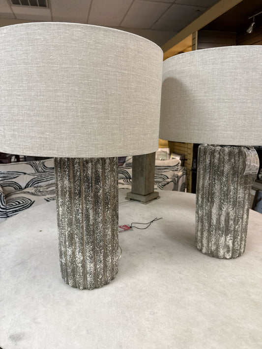 Pair Currey & Co. Concrete Lamps w/ Round Linen Shades