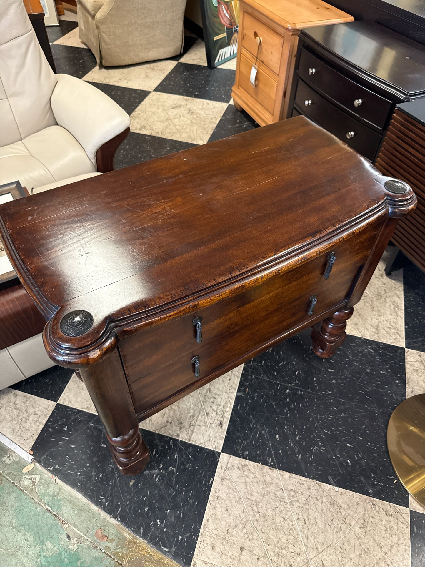 Solid Wood Side Table w/ 2 Drawers & Ornate Pulls