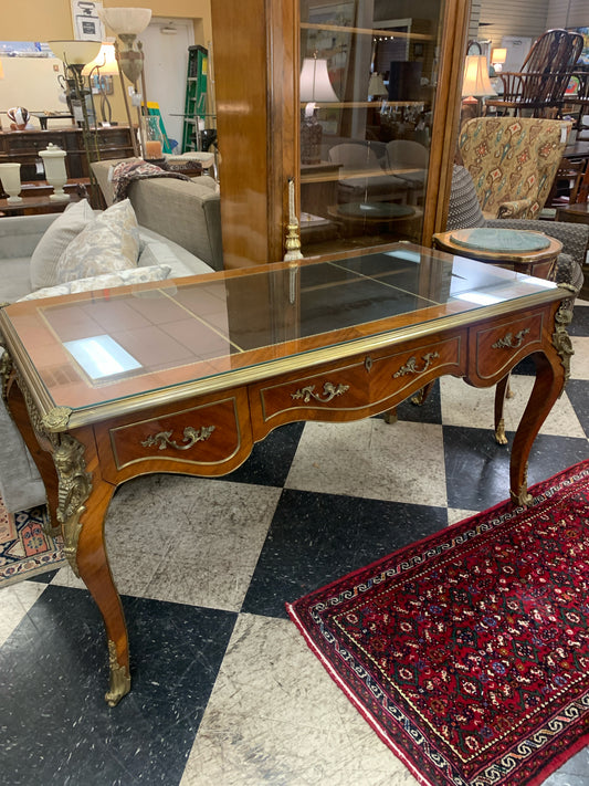Louis XV Ornate Desk w/ Leather & Glass Top (10K)