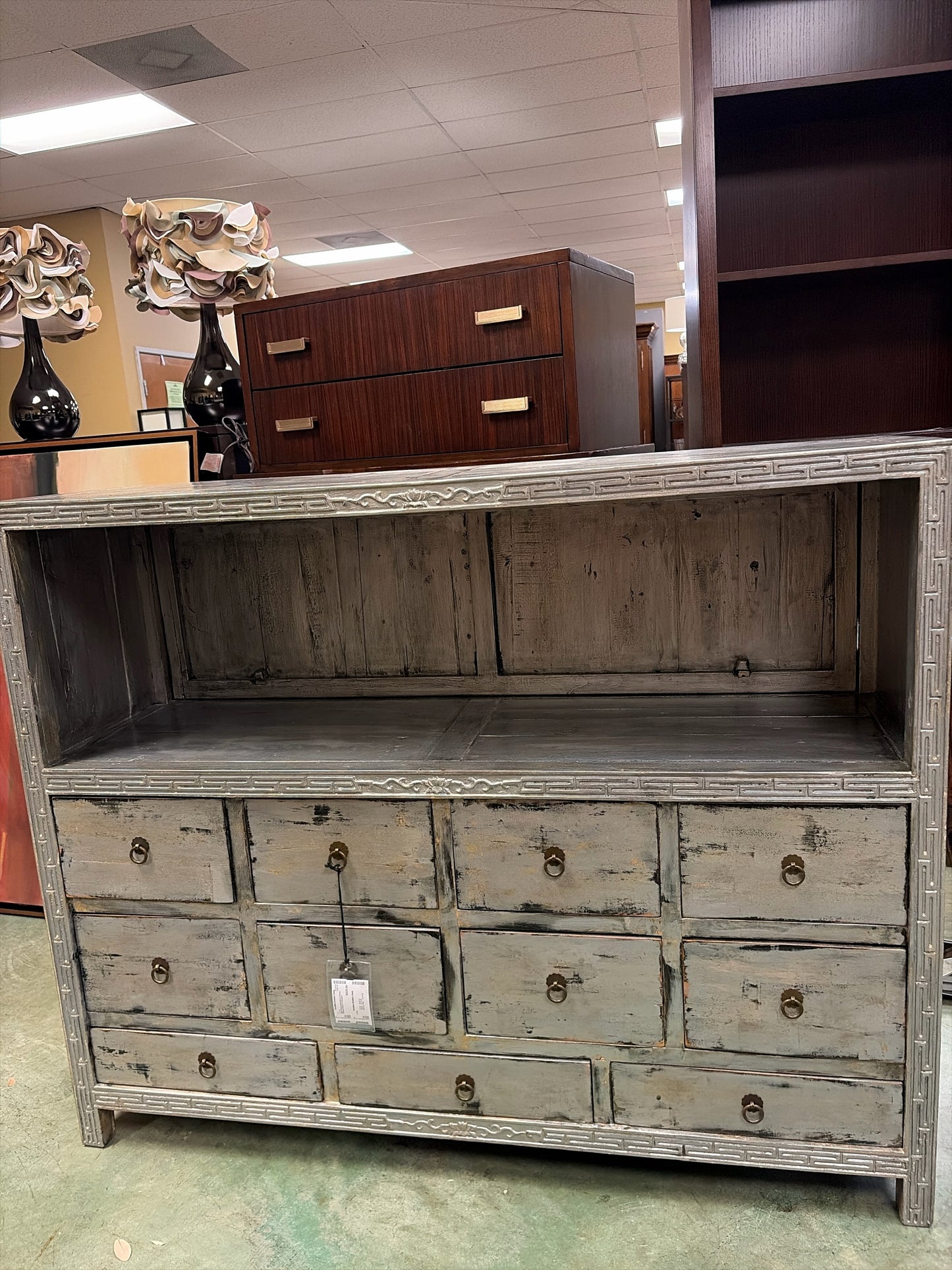 Silver Distressed Wood Cabinet w/Greek Key & 11 Drawers