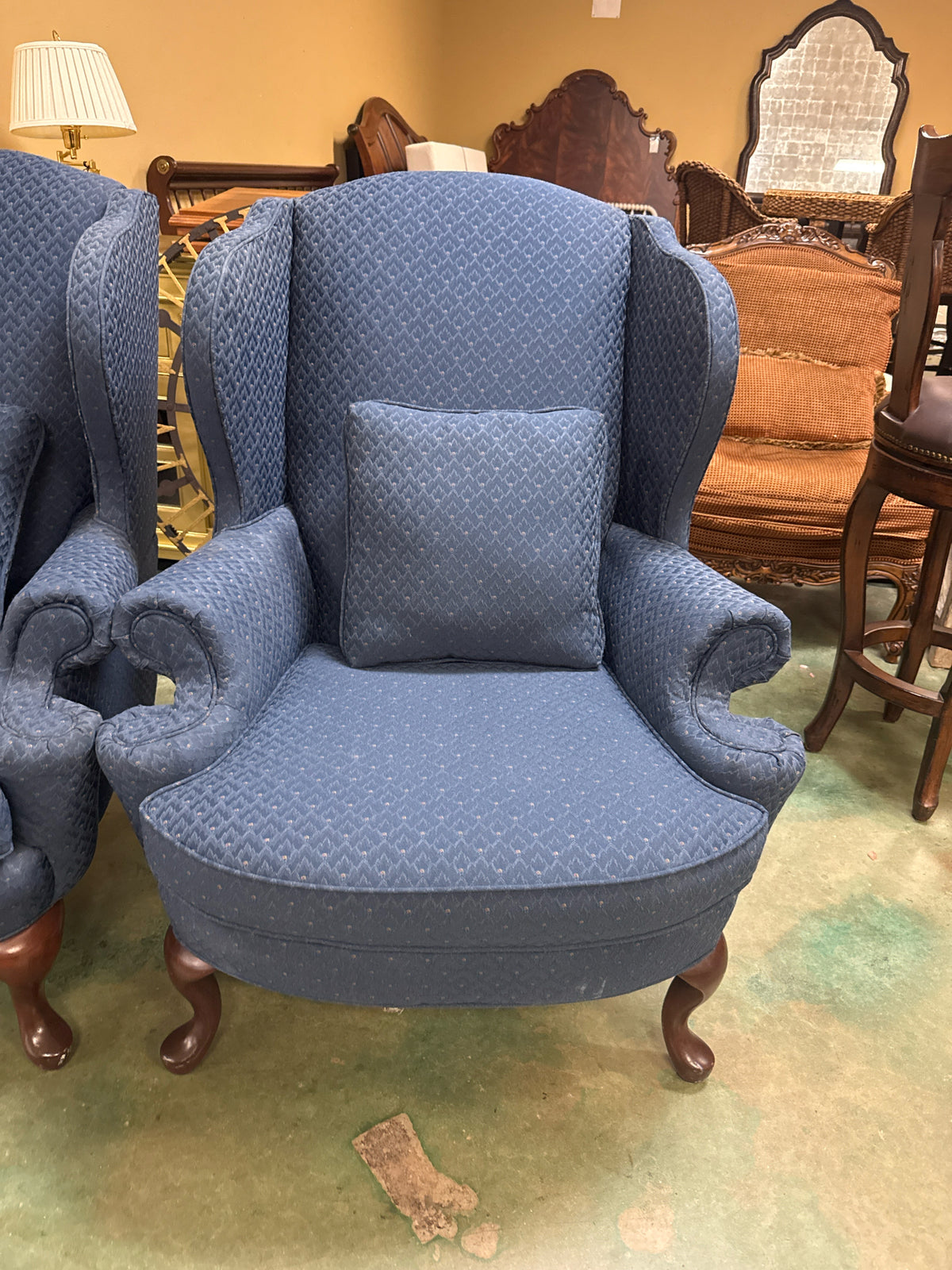 Norwalk- Blue Upholstered High-Back Arm Chairs-w/Queen-Anne Legs/Pillow Matching
