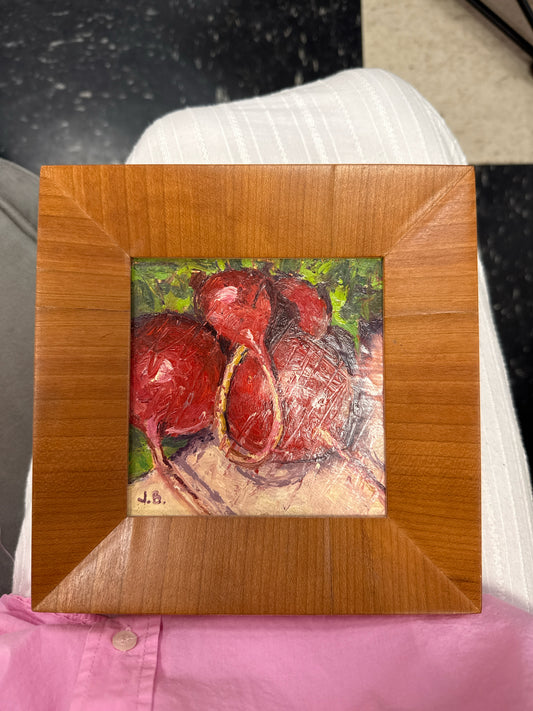 Signed Orig.Oil "Tail Whip"Radishes in Light Wood Frame by J.Broussard(5x5)