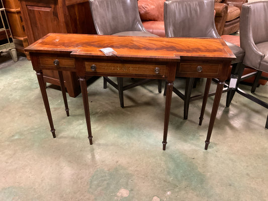 Antique Mahogany Console w/ 3 Dwr, Tulipwood & Brass Inlay - 30H x 16 3/4D x 51W