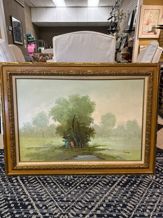 Vintage Orig. Oil-Signed-Park Scene Landscape w/Gold Ornate Gilt Frame(45"x 33")