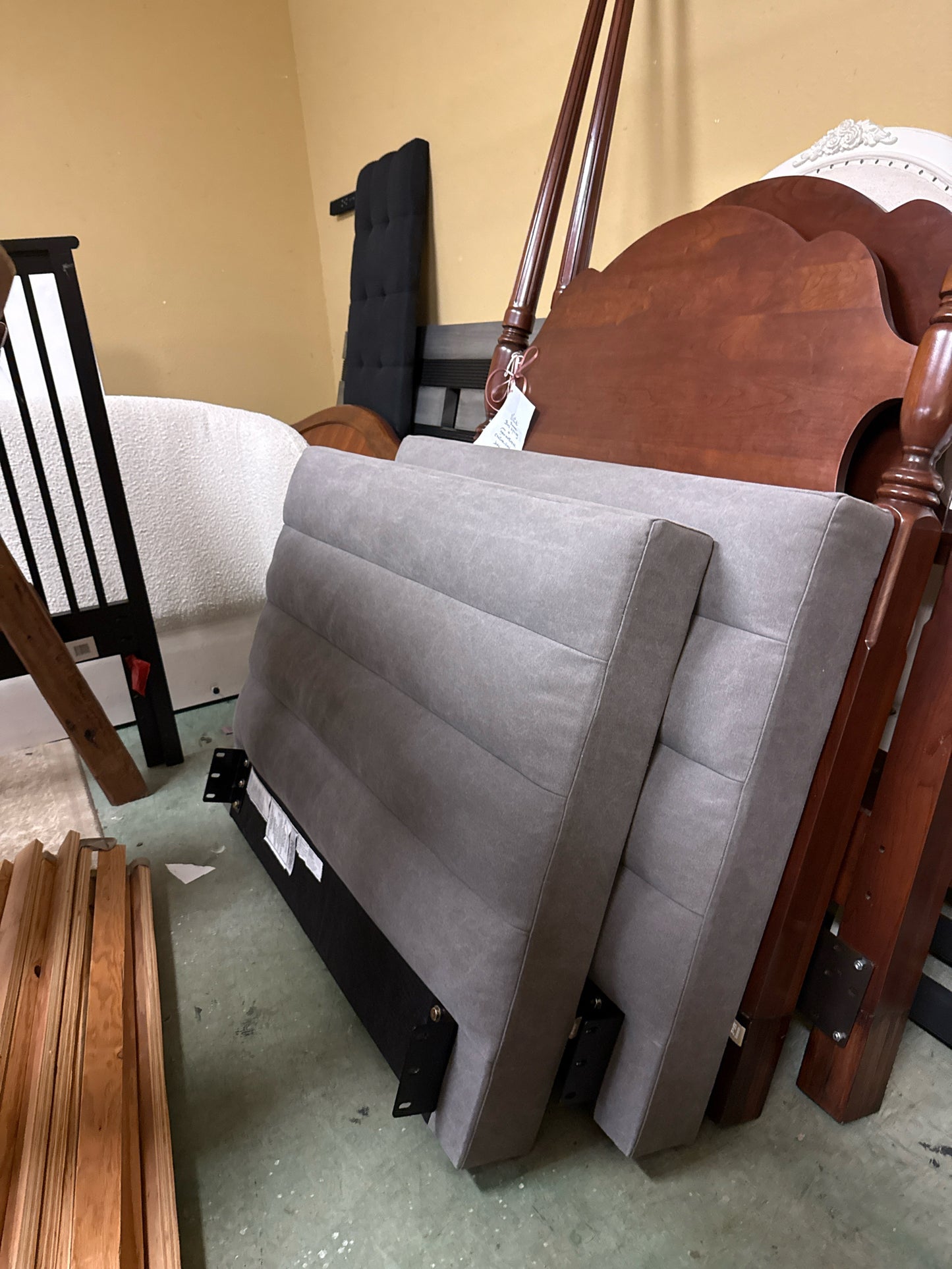 Pair PB Twin Bed Grey Canvas  HB/FB/SB-Wooden Slats/HW attached to SR