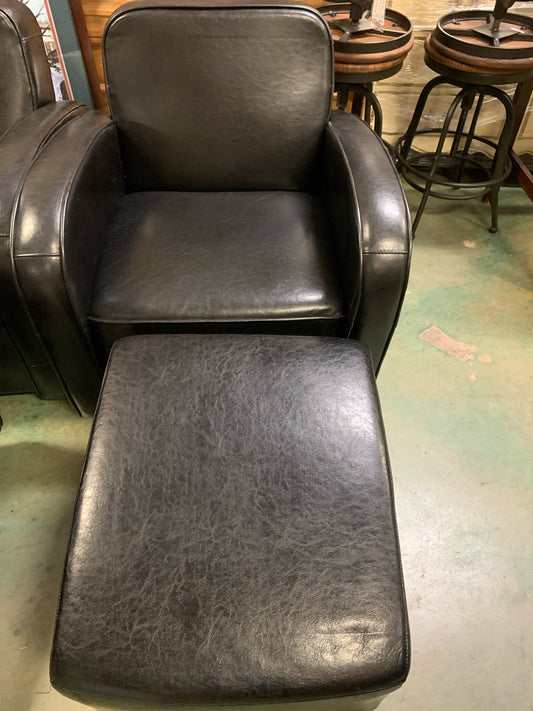Modern Black Leather Club Chair w/ Ottoman