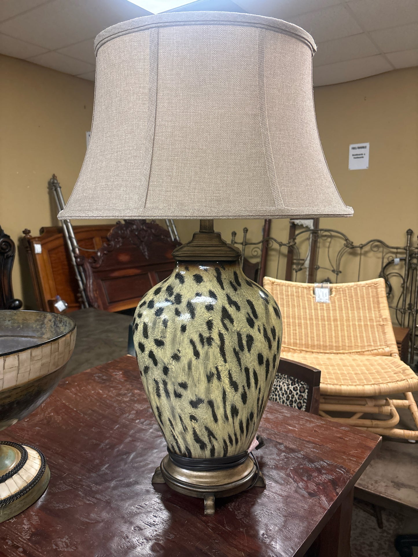 Porcelain Leopard Lamp w/ Burlap Shade