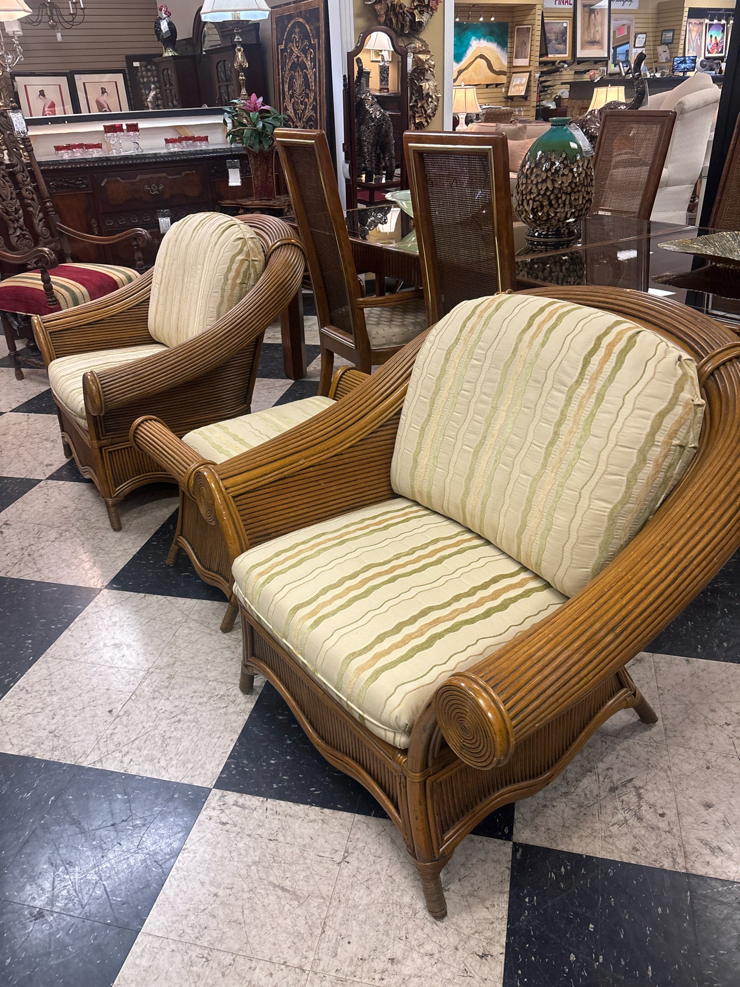 SET of 3- (2)MCM Rattan & Pencil Reed Chairs & (1) Ottoman w/ Beige/Grn/Gold Cus