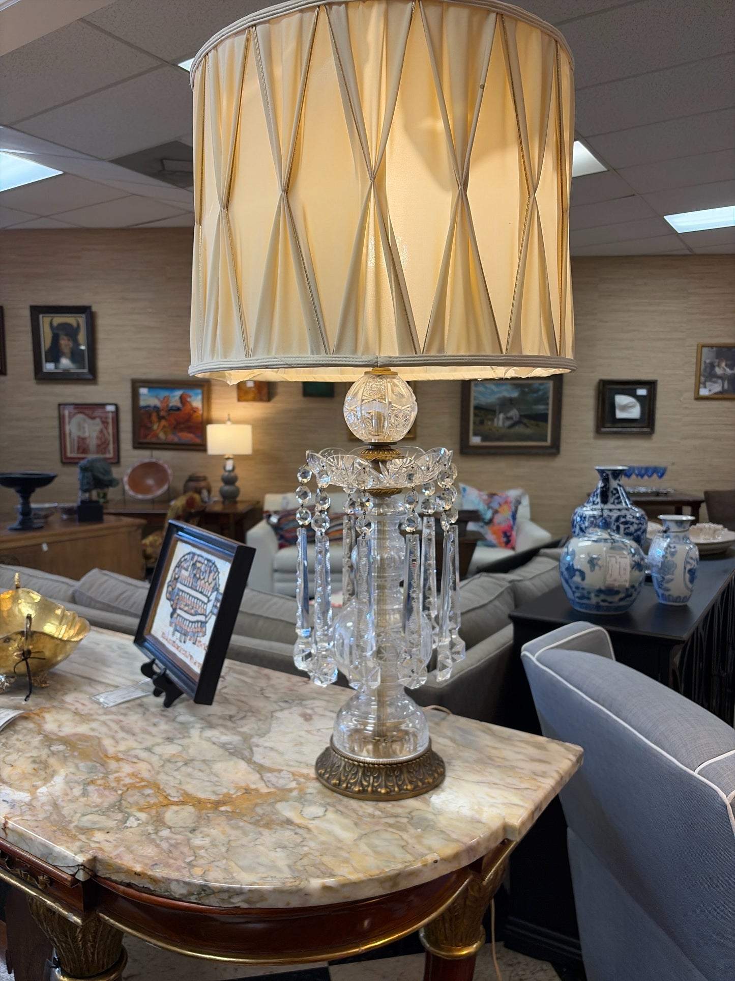 Vintage Crystal Lamp w/Pleated Ivory Shade from Nicoletti's in Houston