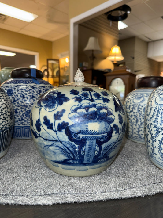 Blue and Off-White Ginger Jar Asian w/ Ceramic Lid