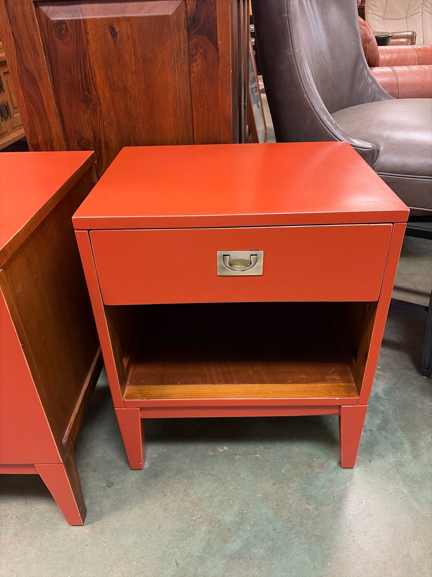 Pair MCM Orange Nightstands w/Drawer & Lower Shelf