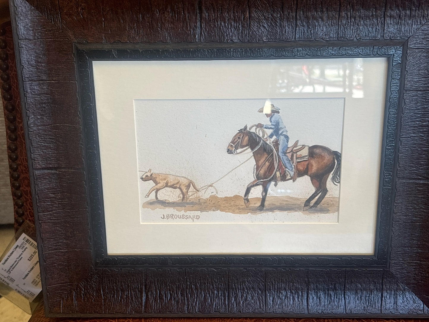 Original Watercolor "Cowboy Roping Calf" in Distressed Frame