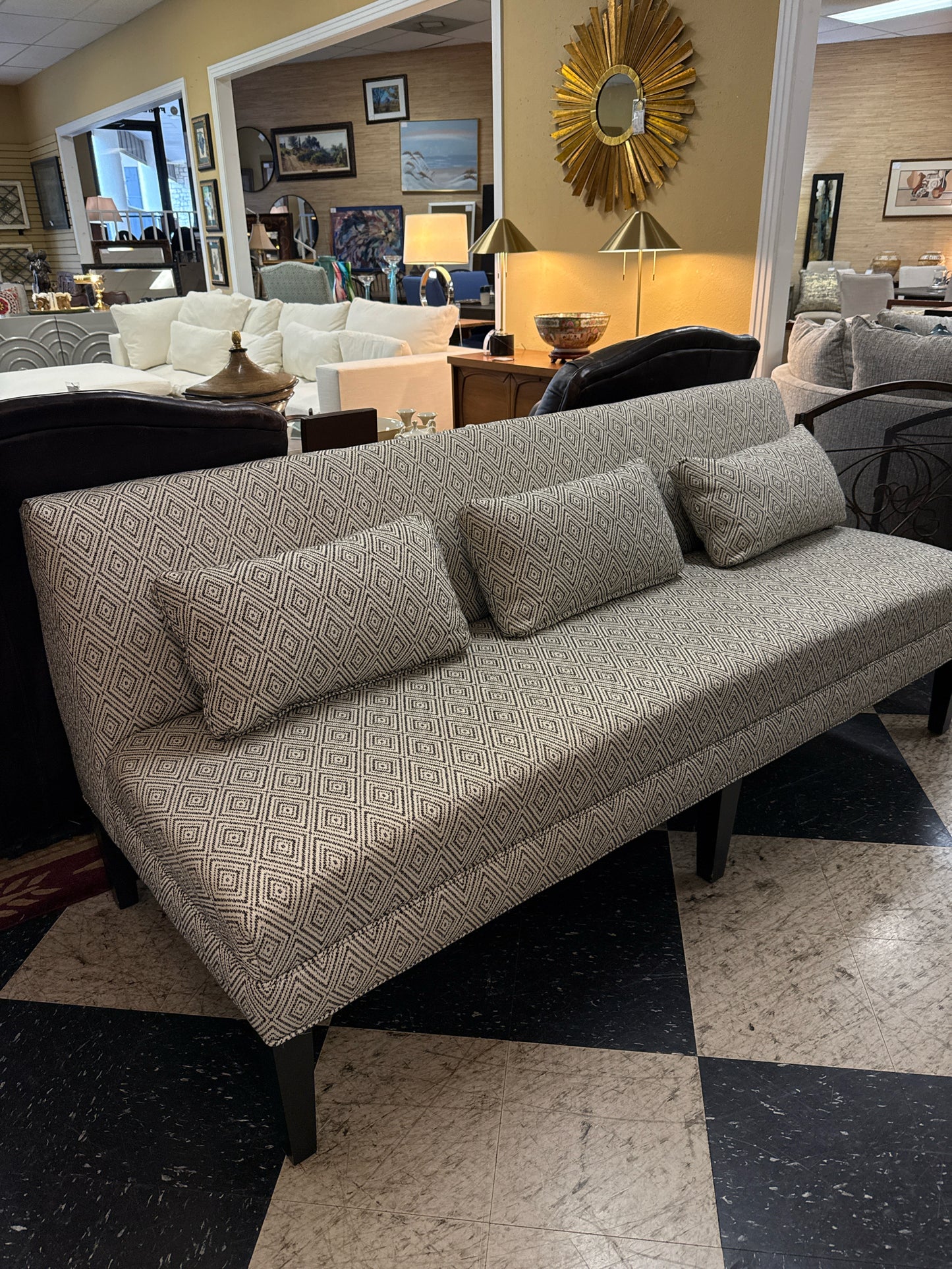 Arhaus Black & White Diamond Pattern Bench w/ 3 Pillows ( 77 H x 31 D)