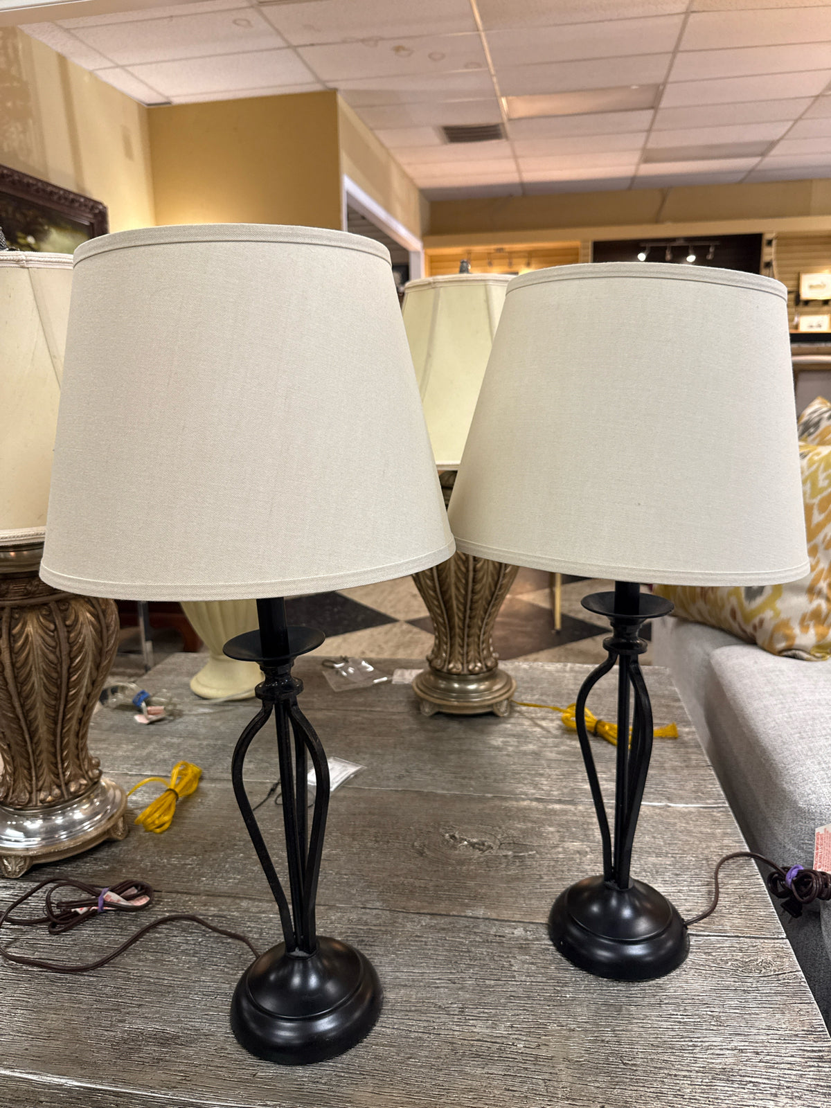 PAIR Bronze Table Lamp w/Linen Shade