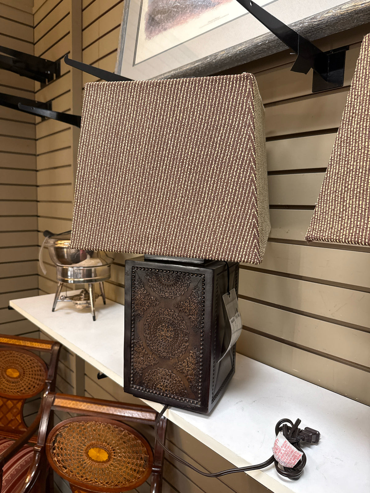 Brown Square Table Lamp w/Striped Shade