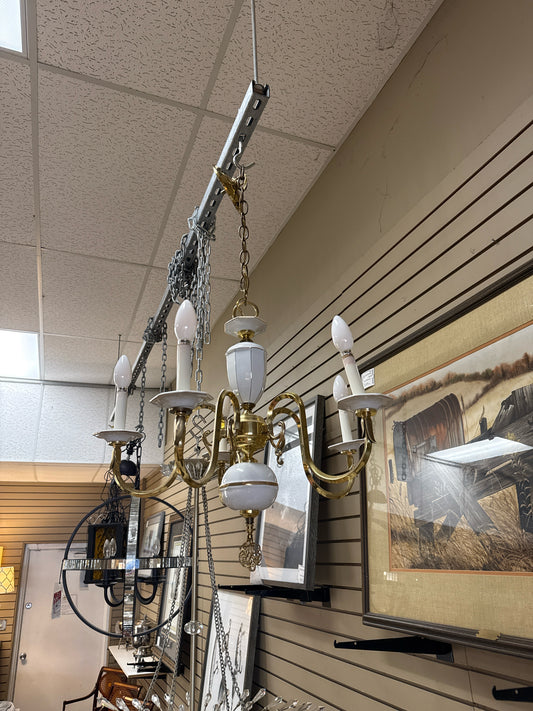 Hollywood Regency Porcelain White & Brass 5-Light Chandelier