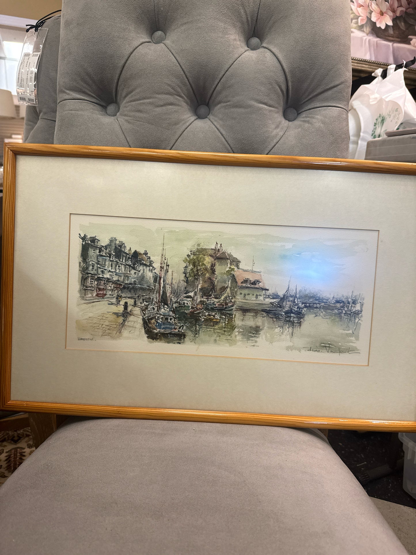 Original Signed Framed Watercolor on Paper "Honfleur" by Dennis Verspecht (23x14
