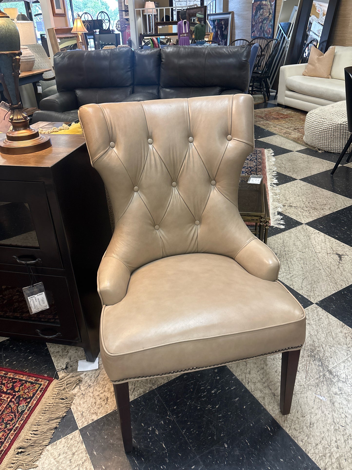 Pair - Tufted Back Leather Accent Chairs w/ Nailhead Trim (Taupe)