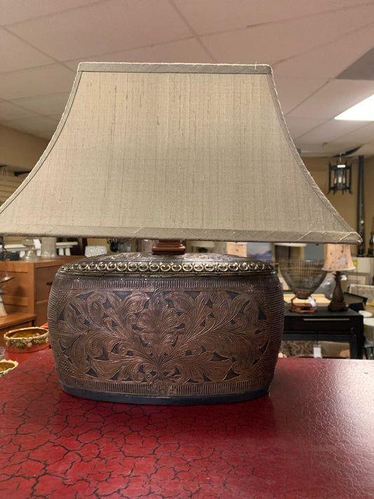 John Richards Squattie Brown/Black Lamp w/ Gold Silk Shade 21"