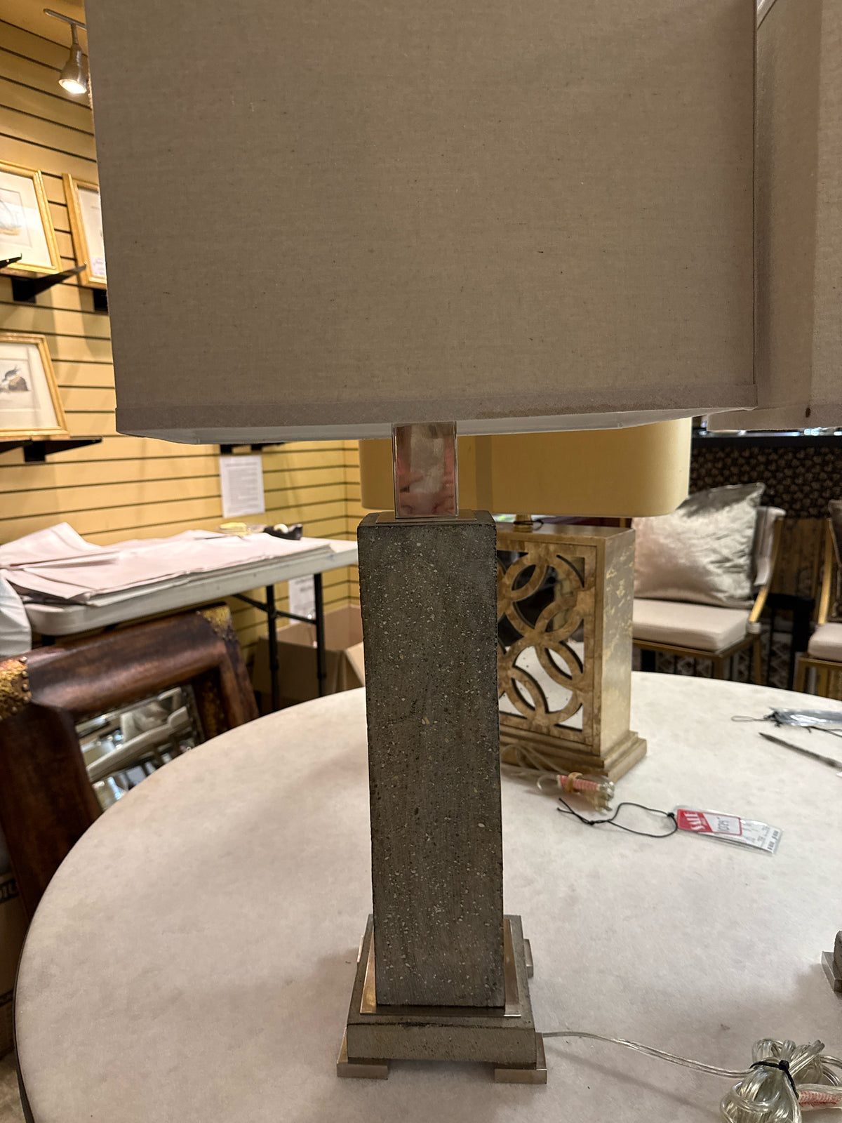 Pair Uttermost Textured Concrete Table Lamps Brushed Sliver Accents
