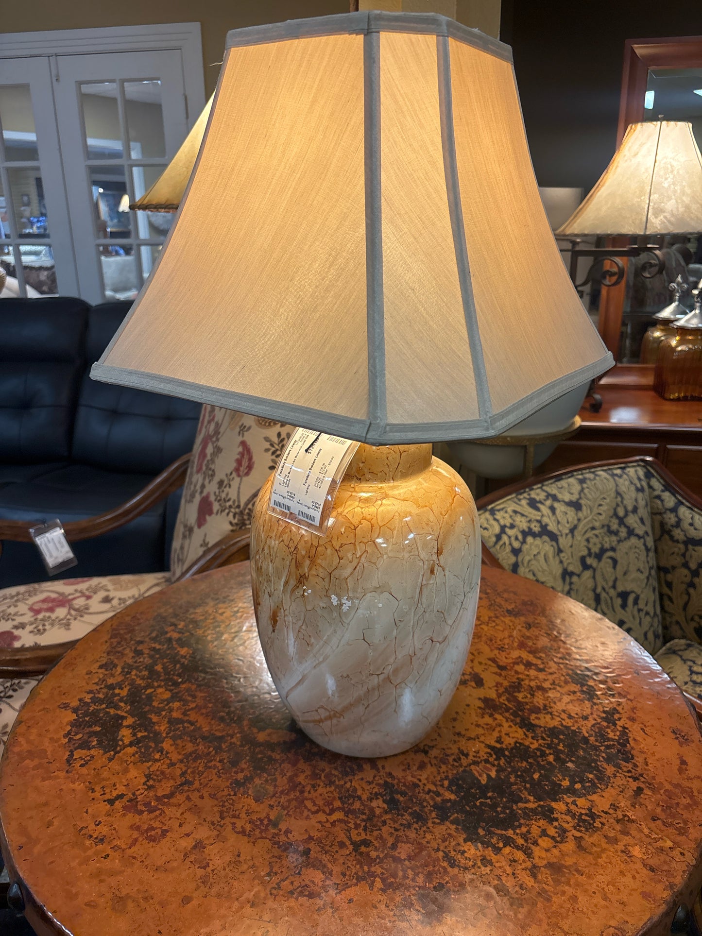 Lamp w/ Marble Like Base and Gold Silk Shade