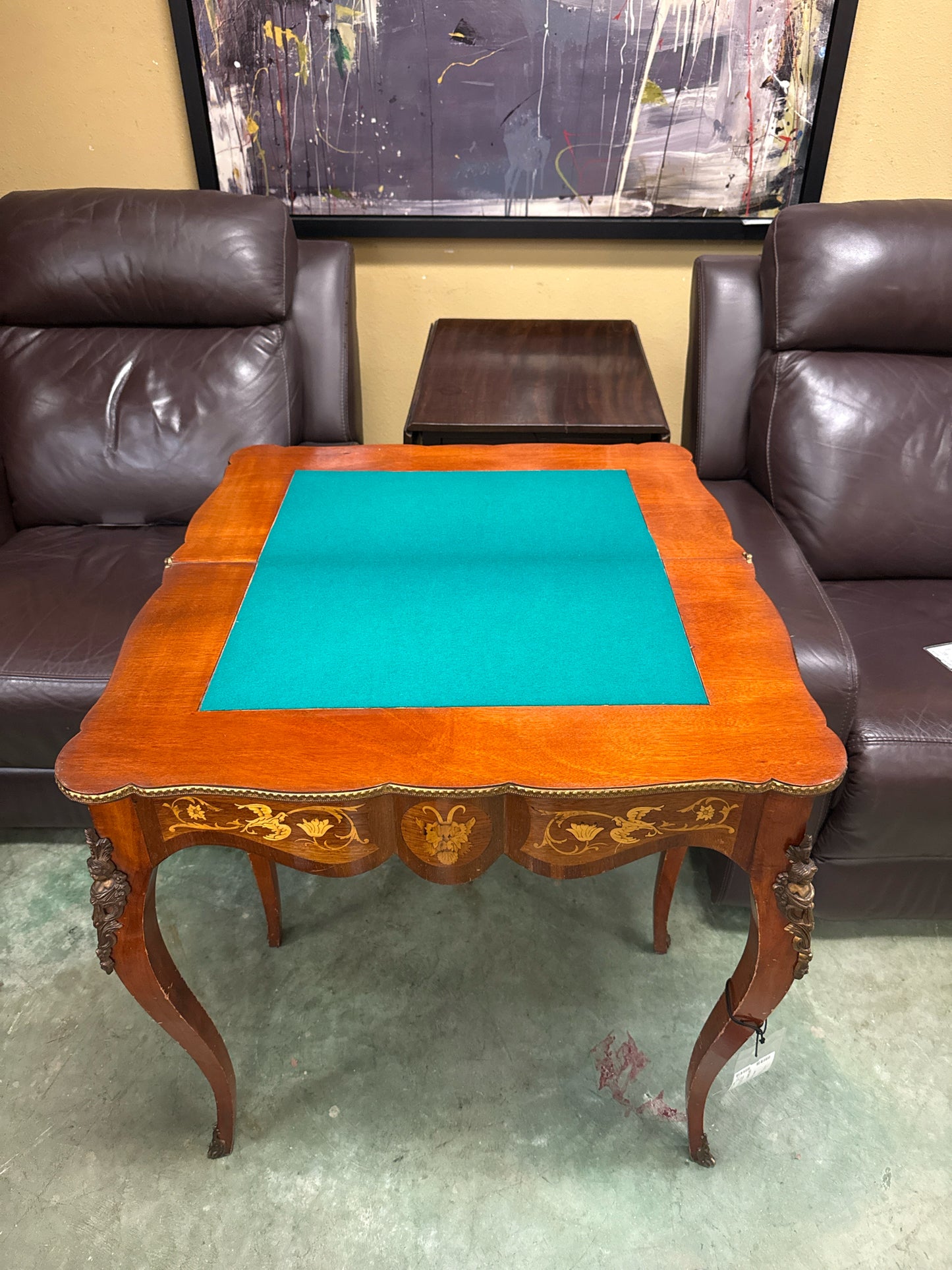 Antique Walnut Louis XV Card Table w/Satin Wood Floral Inlay w/Cabriole Legs