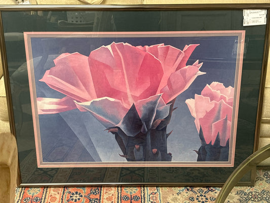 Ed Mell Lithograph- Pink Flower in Silver Frame (31x40 1/2)