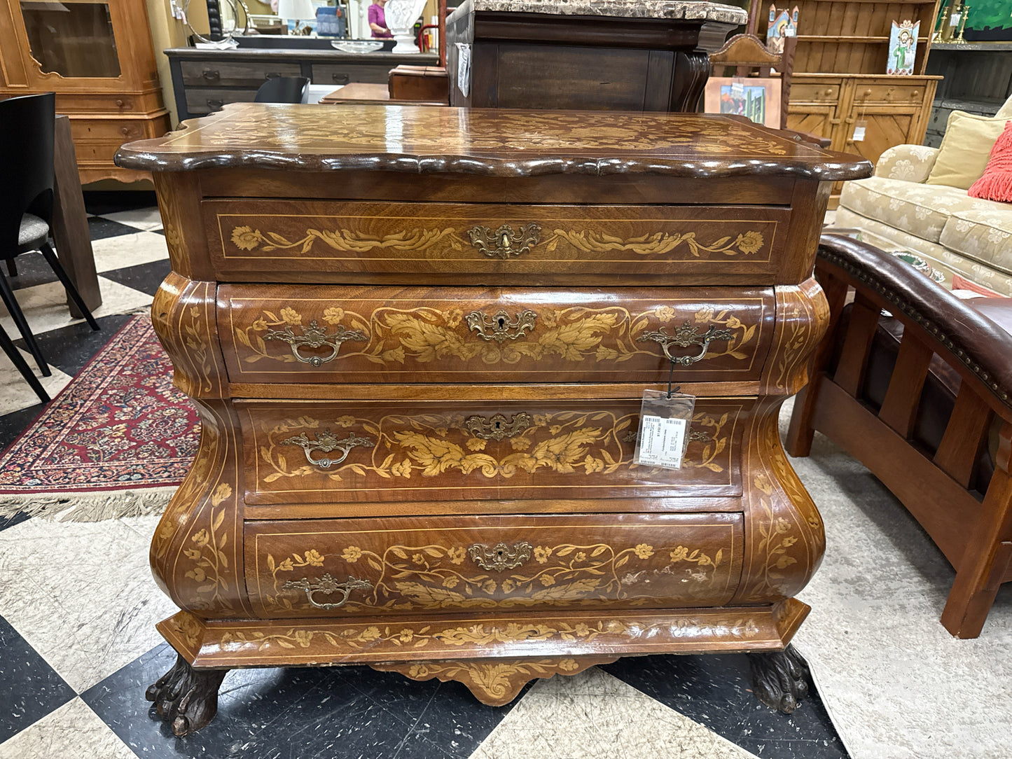 18th Century Dutch Bombay Marquetry Inlay Walnut 4-Drawer Dresser w/Key