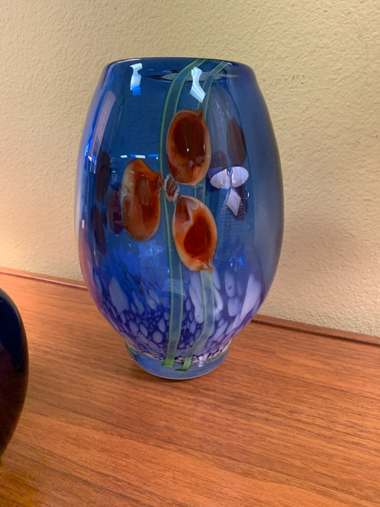 Hand Blown Glass Vase (Blue w/ Red Irises)