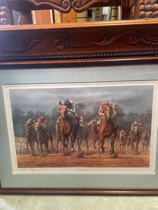 Horse Racing Signed/Numbered Print in Wood Frame 38.5 X 28