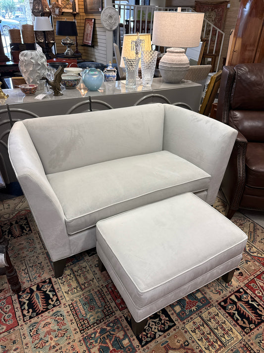 Mitchell Gold Bob Williams White Velvet Sofette w/Matching Footstool (LIKE NEW)