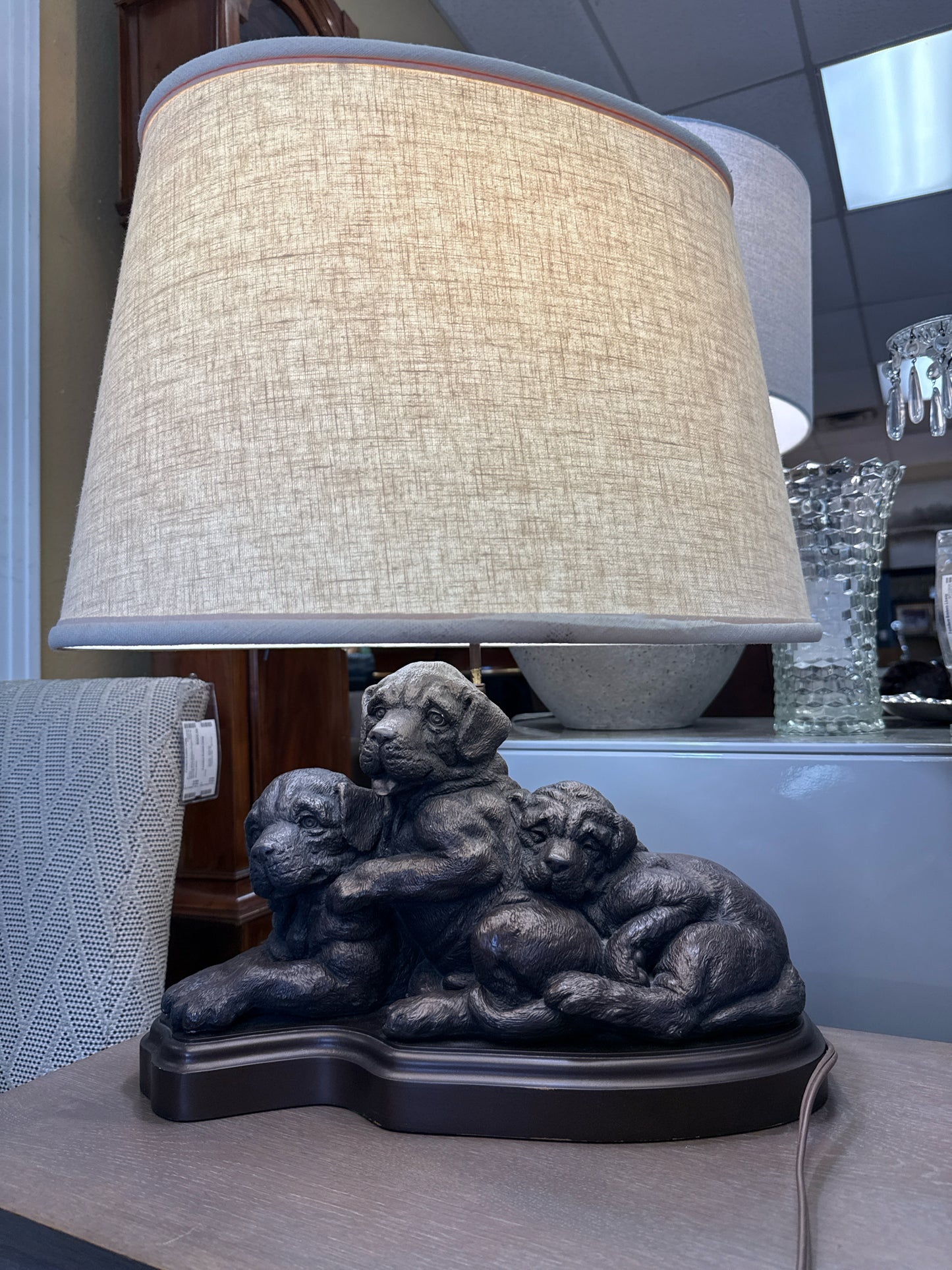 Bronze of 3 Dogs Table Lamp w/Cream Linen Shade