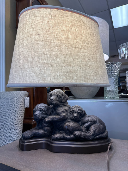 Bronze of 3 Dogs Table Lamp w/Cream Linen Shade