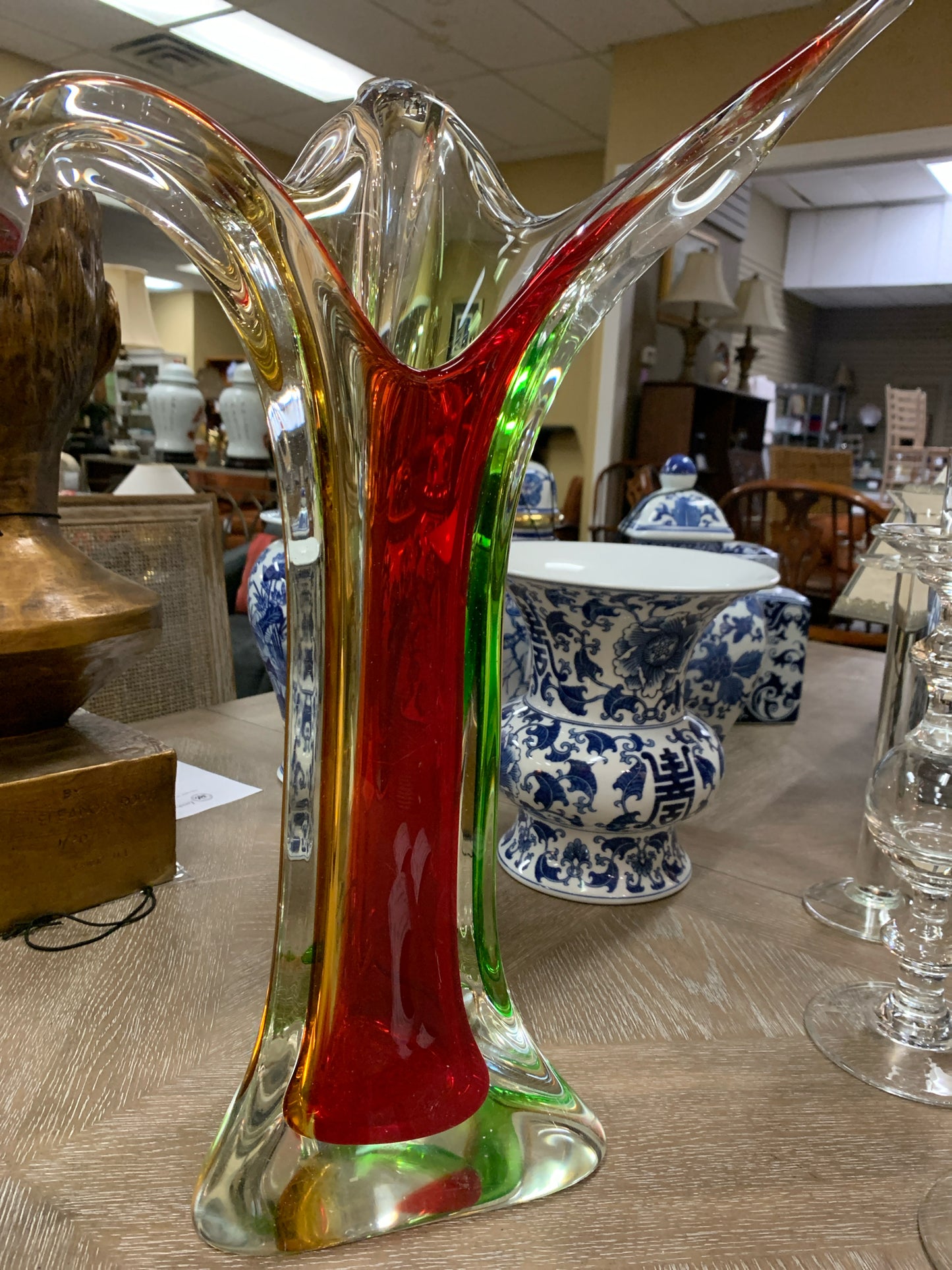 Waterford Murano Glass Red & Green Tulip Vase 21"