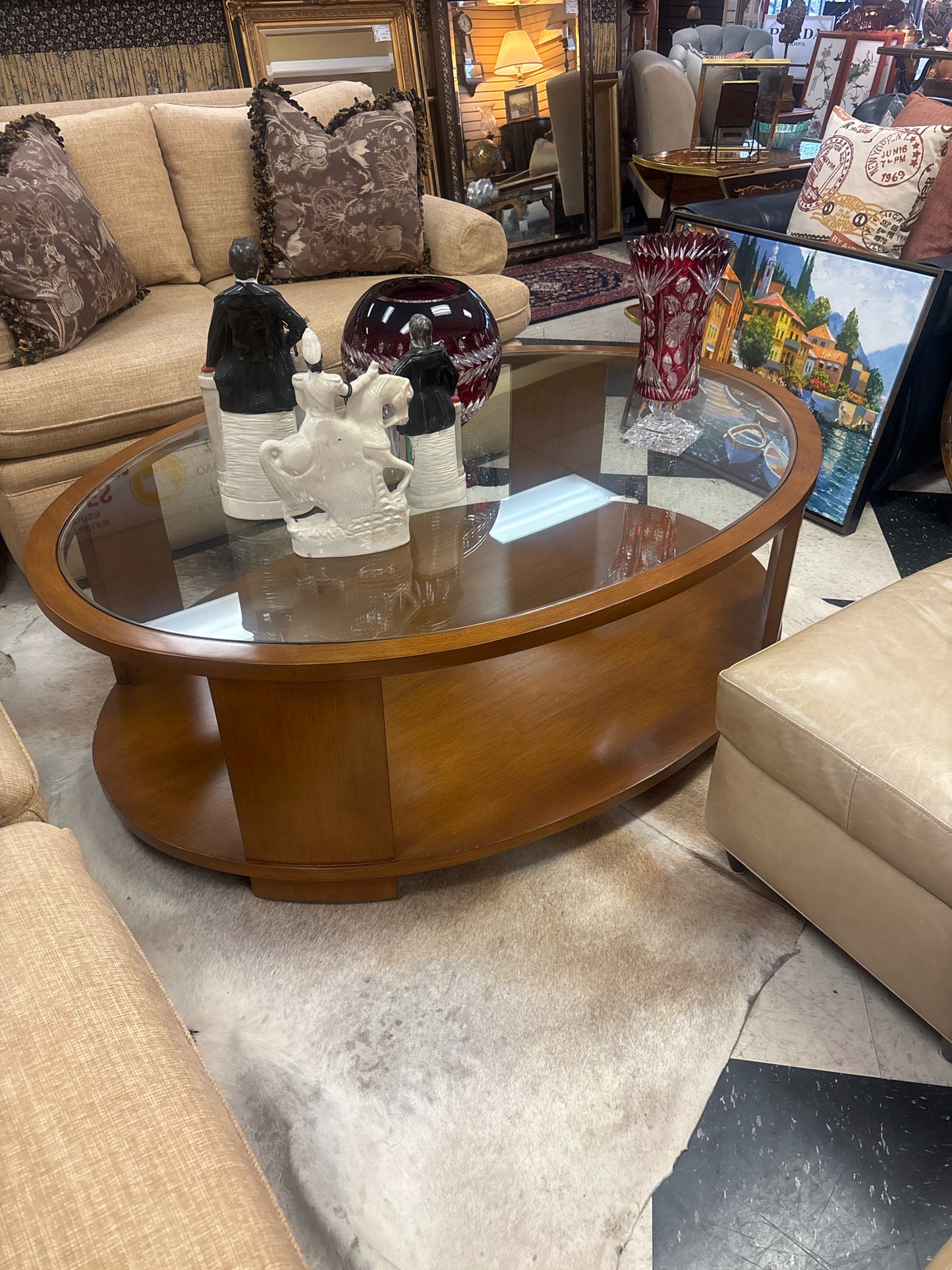 Oval Shape Wood Coffee Table w/ Glass Top & Shelf (60x42x19)