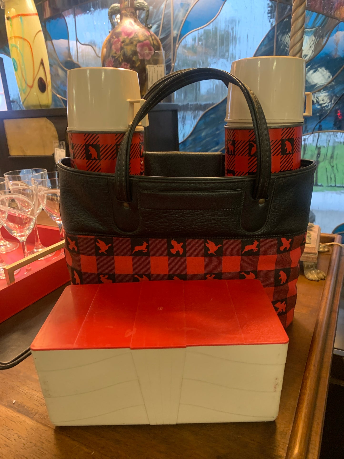 Set - Antique Lunch Black & Red Carrier w/ 2 Thermos Bottles & 1 Sandwich Box