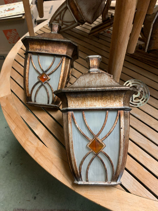 Pair Small Brushed Metal Outdoors Sconces w/Beveled Stain Glass