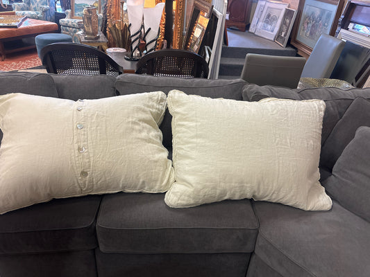 PAIR Down Filled Oversized Pillows w/ Linen Covers and Button Backs