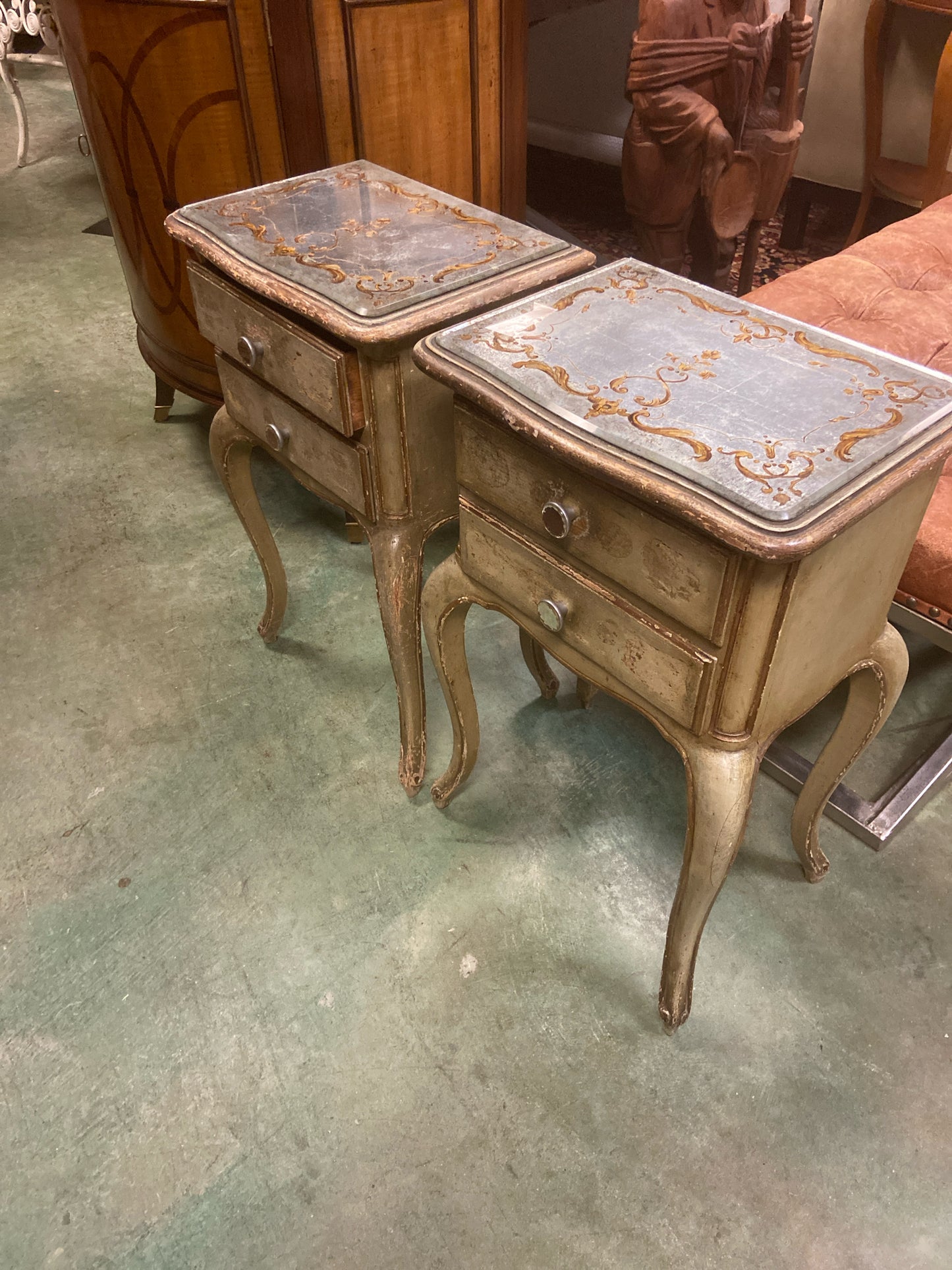 PAIR - French Small Mirrored Side tables w/ 2 Drawers