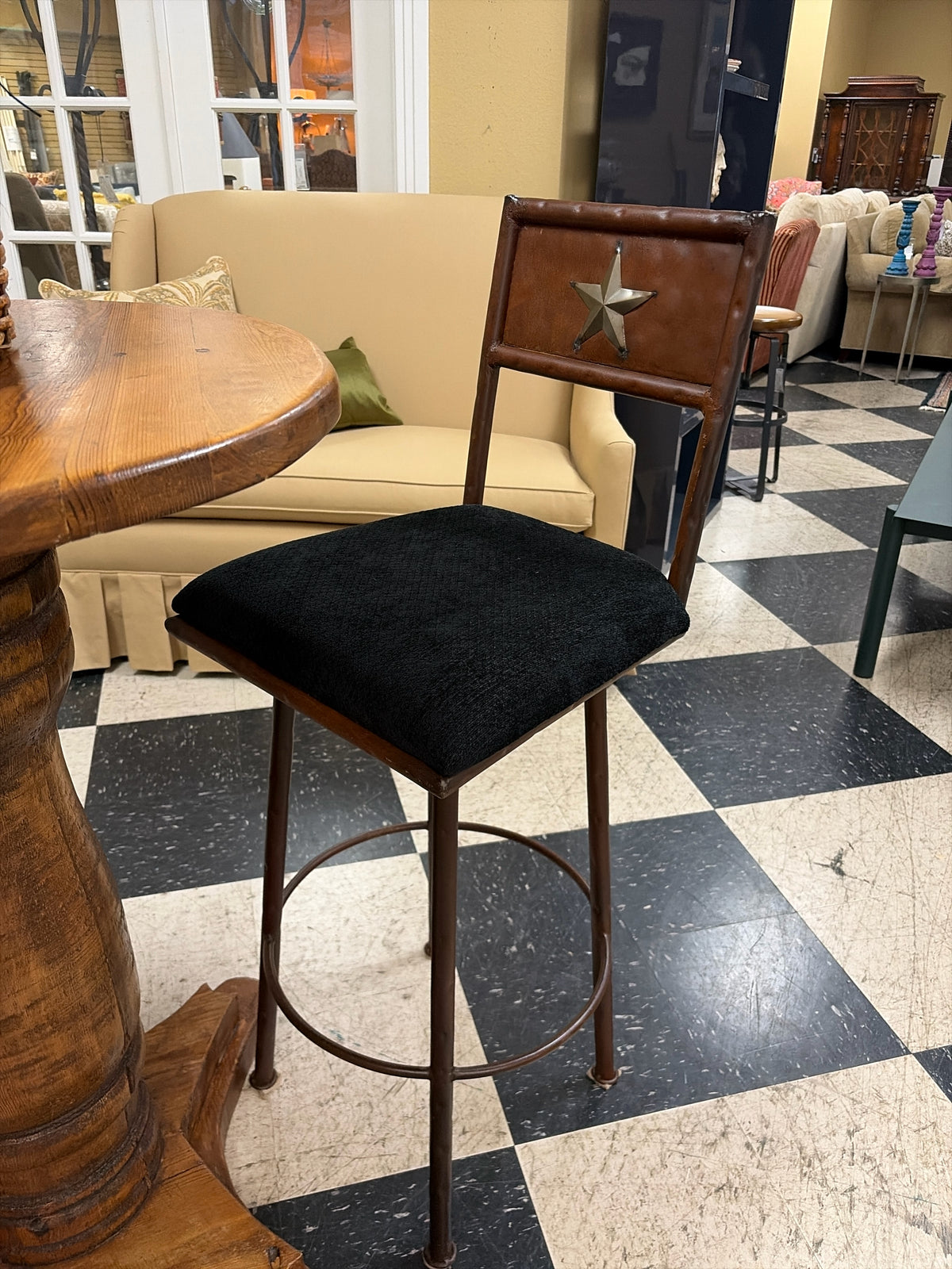 PAIR Custom Wrought Iron Texas Star Bar Stools w/Black Seats